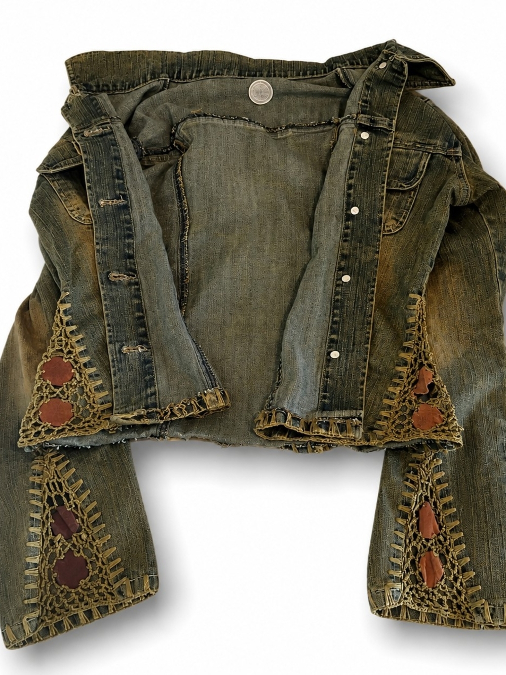 2000's Olive Green Denim Jacket W/ Crochet & Patch Accents